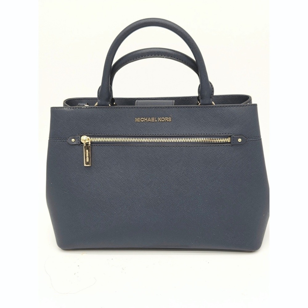 MICHAEL KORS Handbag Crossgrain Leather Navy‎ Large Crossbody Satchel COA